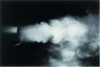 Figure 23 - Photograph of the rendered three-dimensional image of an airflow given by a small wind tunnel at 40 m/s, into which tobacco smoke has been injected; the hologram was recorded using the set-up shown in Fig. 