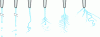 Figure 21 - Electrostatic atomizers increasing voltage from left to right – single jet (a,b,c) – branched (d,e) – random (f) – (Cloupeau and Prunet-Foch)