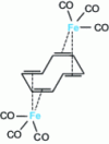 Figure 18 - Representation of the molecule [Fe2 (CO)6 (C8H8)] in which the cyclooctatetraene donates two π-doubles to each of the two iron atoms.