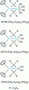Figure 5 - Representation of the 3 heterometallic molecules [HfMo (CO)4 (C5H5)2 (PR2)2], [HfFe (CO)3 (C5H5)2 (PR2)2] and [HfNi (CO)2 (C5H5)2 (PR2)2]