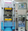 Figure 2 - Hydraulic
press (1,000 ton-force) with its belt-type high-pressure solid-phase
equipment(Source: Alain Largeteau, ICMCB-CNRS High-Pressure Resource
Center, Bordeaux-1 University)