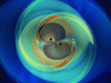 Figure 6 - Numerical simulation of the merger of two black holes and the emission of gravitational waves (source: N. Fischer, H. Pfeiffer, A. Buonanno/Max Planck Institute for Gravitational Physics, Simulating eXtreme Spacetimes (SXS) Collaboration).