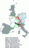 Figure 31 - Major combined road-rail flows in 2005 (including rolling motorways), source UIRR