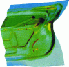 Figure 12 - Example of a trunk lid liner (half-piece) calculated in 3D: thicknesses (doc. PSA/CREPI)