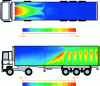 Figure 3 - Heterogeneity of air mixing (upper vehicle) and temperature (lower vehicle) in a refrigerated semi-trailer not equipped with ventilation ducts (doc. Jean MOUREH FRISE-Inrae)