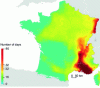 Figure 41 - Number of days of exceedance of the regulatory air quality standard for ozone (120 µg/m3 over 8 hours), averaged over 2016-2018, in France (according to [40])