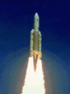 Figure 2 - Ariane 5 taking off with three rocket engines: a Vulcain H2/O2, two solid-propellant EAP (elements d'accélération à poudre) (CNES)