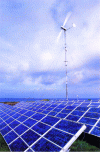 Figure 5 - Wind and photovoltaic power station, equipped since 1993 with a Vergnet 10 kW (∅ 7m) wind turbine, 234 40 Wp (peak watts) photovoltaic modules and a 40 kVA diesel generator, ensuring total autonomy for the island of Saint-Nicolas de Glénan. (source: ADEME 2000, credit: Olivier Sébart)