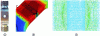 Figure 12 - Calculation of XFEM crack propagation on a technological specimen subjected to fatigue loading – Visualization of crack fronts on the propagation plane (c, green lines) (source Snecma)