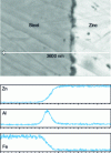 Figure 9 - Fe2Al5 inhibition layer at the interface between steel and galvanized coating (top, cross-sectional photo by high-resolution scanning electron microscopy; bottom, concentration profiles along the line carried on the photo).