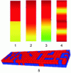 Figure 11 - Different combinations of active (red)
and inert (yellow and/or green) materials – (1: sequential; 2 and
3: continuous; 4: continuous and periodic; 5: digitization of active
materials) [94]