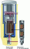 Figure 4 - Schematics of the Halden reactor vessel and a test fixture containing two stacked test rod assemblies.