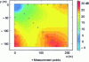 Figure 21 - Sound attenuation map of Leq15min for the 1/3-octave 1 kHz band in relation to reference measurements located 10 m from the source (top left), obtained by inverse-square interpolation of distances.
