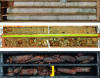 Figure 26 - Three examples of core samples taken from very massive alpine anhydrites (top), loose sandy-gravel alluvium from Paris (middle) and highly fractured gneiss from the Lyonnais basement (bottom).