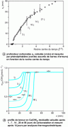 Figure 10 - Comparison of the carbonation kinetics and residual Ca(OH)2 content profile after 14 days of carbonation calculated by the LCPC model ([Ca(OH)2]initial = 1.2 mol per liter of concrete) with experimental results obtained under accelerated laboratory conditions (50% CO2) on an M25 concrete specimen (saturation rate set at 0.60 before carbonation), according to. [77]