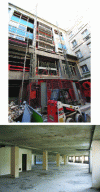 Figure 19 - Vertical stacking by freight elevator (left) and cleaning prior to rehabilitation (right) (credit Genier-Deforge)