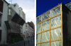 Figure 2 - Scaffolding and parging (left) – Installation of polyane to protect a party wall (right) (credit Genier-Deforge)