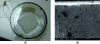 Figure 11 - (a) Photograph of a concrete sample inside a reactor, (b) SEM image of a polished section of a concrete surface containing activated carbon (black particles).
