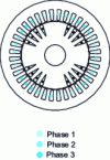 Figure 4 - Cross-section of a three-phase synchronous machine with wound smooth rotor (4 poles, 3 slots per pole and per phase)