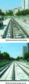 Figure 21 - Tramway track before and after the pouring of the "cushioning concrete".