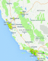 Figure 39 - Situation of the 60 hydrogen filling stations in operation and under construction by the end of 2015 in California (according to [16]).