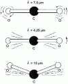 Figure 6 - Modes of vibration of the atoms of the CO2 molecule