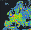 Figure 40 - Map of light pollution in Western Europe (credit: F. Falchi (University of Padova), C. D. Elvidge (NOAA National Geophysical Data Center, Boulder)) (copyright Royal Astronomical Society) (reproduced by Monthly Notices of the RAS with permission from Blackwell Science) [11]