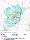 Figure 5 - Frequency of exceedance of the threshold value of 5 or E · m–3 – current status – all sources combined (analysis by color) and by source (isocontour for exceedance up to 2% of the time)