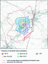 Figure 6 - Frequency of exceedance of the threshold value of 5 or E · m–3 – future state – all sources combined (analysis by color) and by source (isocontour for exceedance up to 2% of the time)