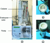 Figure 1 - Photographs of the experimental set-up (a) and the silica-based macrocellular biohybrid material confined within a Teflon tube and stainless steel chromatography column (b-c). The red arrow represents the direction of flow within the silica column.