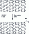 Figure 2 - Oxidation of CNTs in acidic media. The oxidation reaction introduces several carboxyl groups onto the nanotubes. To simplify the molecular structure, only one COOH is shown.