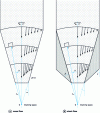 Figure 3 - Schematic representation of the radial flow model for a sloped-bottom silo with bulk flow and stack flow