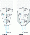 Figure 1 - Schematic representation of the radial flow model for a sloped-bottom silo with bulk flow and stack flow