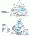 Figure 8 - Ternary slag diagrams (working areas in blue)