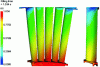 Figure 7 - Part filling time (approx. 1 s). The colors evaluate the isochrones and highlight the blade filling hierarchy. They also demonstrate the asymmetry of BA-BF filling for a given section.