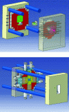 Figure 36 - Alternating views of a mold installed on an injection molding machine moving platen. In blue, the machine columns (see § )