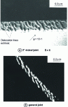 Figure 24 - Dark-field electron images showing microprecipitates of chromium carbide Cr23C6 aligned parallel to extrinsic dislocation lines in grain boundaries of Fe alloy – 9% Cr – 100 ppm C[54]