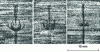 Figure 42 - Successive work-hardenings along a fatigue crack interrupted by an overload. Plan, quarter and half-thickness positions of a 20 mm tempered mild steel plate. Horizontal rolling direction