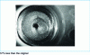 Figure 43 - Fatigue fracture of a car wheel axle ∅ 25 mm. Multiple initiators on the periphery (fitting lines). Eccentric final fracture, slight overload.