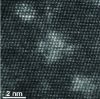 Figure 27 - Z-contrast of Guinier-Preston zones in Al-3%Ag alloy at atomic resolution. Columns containing silver are highlighted, cliché R. Erni, ETH Zürich [28][29]
