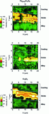 Figure 10 - Raman images ((Fe, Cr)2O3 , Cr2O3 , Fe2O3) of the surface of an oxide layer.