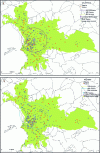 Figure 14 - Distribution of Leishmania IgG (left) and Toscana IgG (right) in the study area. Orange dots represent positive sera. Ellipses represent standard deviation ellipses.