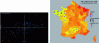 Figure 15 - Moran Scatterplot (diabetes in France, 1997). The yellow and red points on the graph correspond to statistically significant situations (risk α at 5% in yellow, and at 1% in red); the other points (in purple) are not statistically significant. On the map, points in blue are cold points (low values surrounded by low values) and points in red are hot points (high values surrounded by high values). Non-significant points are represented by a diamond.