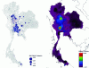 Figure 18 - Distribution of avian influenza (H5N1) cases in Thailand (2005-2008): left, frequency of infection by sub-district; right, highlighting of the most significant cluster of cases by spatial scanning. The trend surface represents an interpolation of the local Getis-Ord