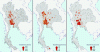 Figure 1 - Mapping of the proportion of cases in relation to the number of poultry farms, after aggregation of cases in different geographical units based on village data (the basic unit for locating cases): sub-districts, districts, provinces (Thailand, 2003).