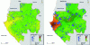 Figure 8 - Prevalence rates for two antibodies (Ebola, West Nile virus) in the rural population of Gabon studied on a sample of villages. The values represented by proportional symbols on the sample provide little indication of overall trends, unlike the trend surfaces calculated by interpolation, which clearly show the differences between the two distributions.