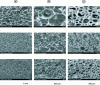 Figure 30 - Electron microscopy images of glassy carbon foams derived from tannins, viewed with: (a and b) a secondary electron detector, or (c) backscattered electrons (images (a) and (b) are the same but at different magnifications, images (b) and (c) are the same but viewed with both types of detector. The images in the 1re, 2nd and 3rd lines correspond to foams with densities of 0.0445 (50 ppi (pores per inch)); 0.0544 (75 ppi) and 0.1053 (130 ppi), respectively).