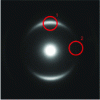 Figure 12 - Electron diffraction pattern of a textured PyC and positions of the objective diaphragm on ring 002