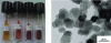 Figure 9 - Left: tubes containing TiO2 powders modified with silver nanoparticles (synthesis by radiolysis) with different silver contents (from 0.5 to 2% by mass) © Hynd Remita; right: transmission microscopy image showing commercial TiO2 nanoparticles surface-modified with Ag nanoparticles from 1 to 2 nm. Reproduced with permission from [29]. Copyright (2013) American Chemical Society (© Hynd Remita)