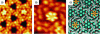 Figure 23 - a) Pentaphenylbenzenes in nano-pores at 100 K. b) Pentaphenylbenzene in a nano-pores at 130 K appearing as 6 lobes. c) 3D representation of the network including molecular rotors on silicon at 130 K [35].